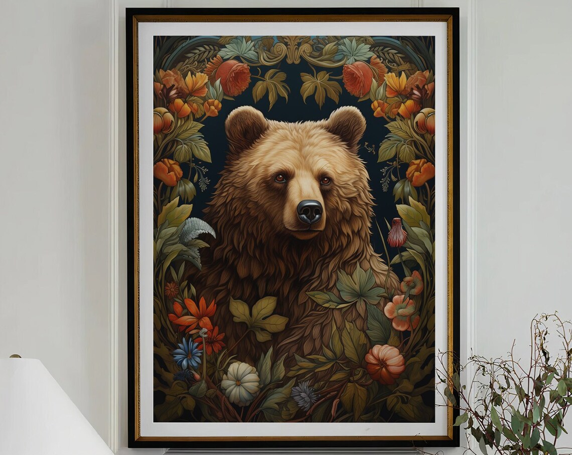 Brown Bear Portrait Framed by Autumn Flowers on Navy Art Print - Image 4