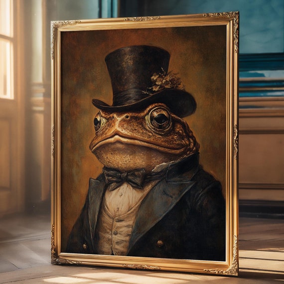 Vintage Toad Wall Art Funny Victorian Frog Wearing Cylinder Hat Wall Art Vintage Oil Painting Frog Lover Gifts