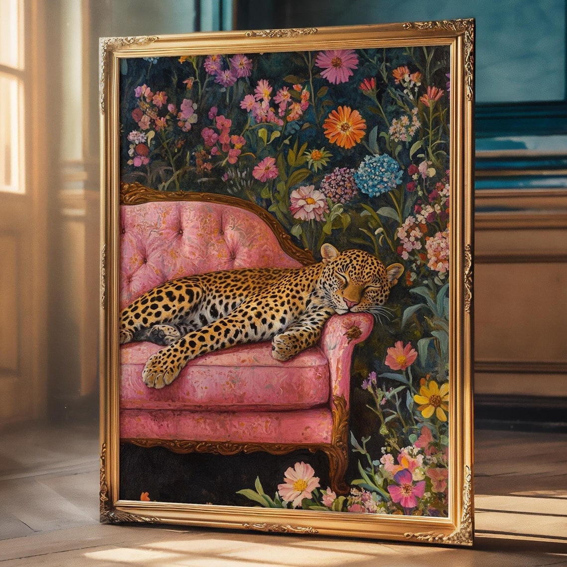 Sleeping Leopard on a Pink Chaise among Wildflowers Art Poster
