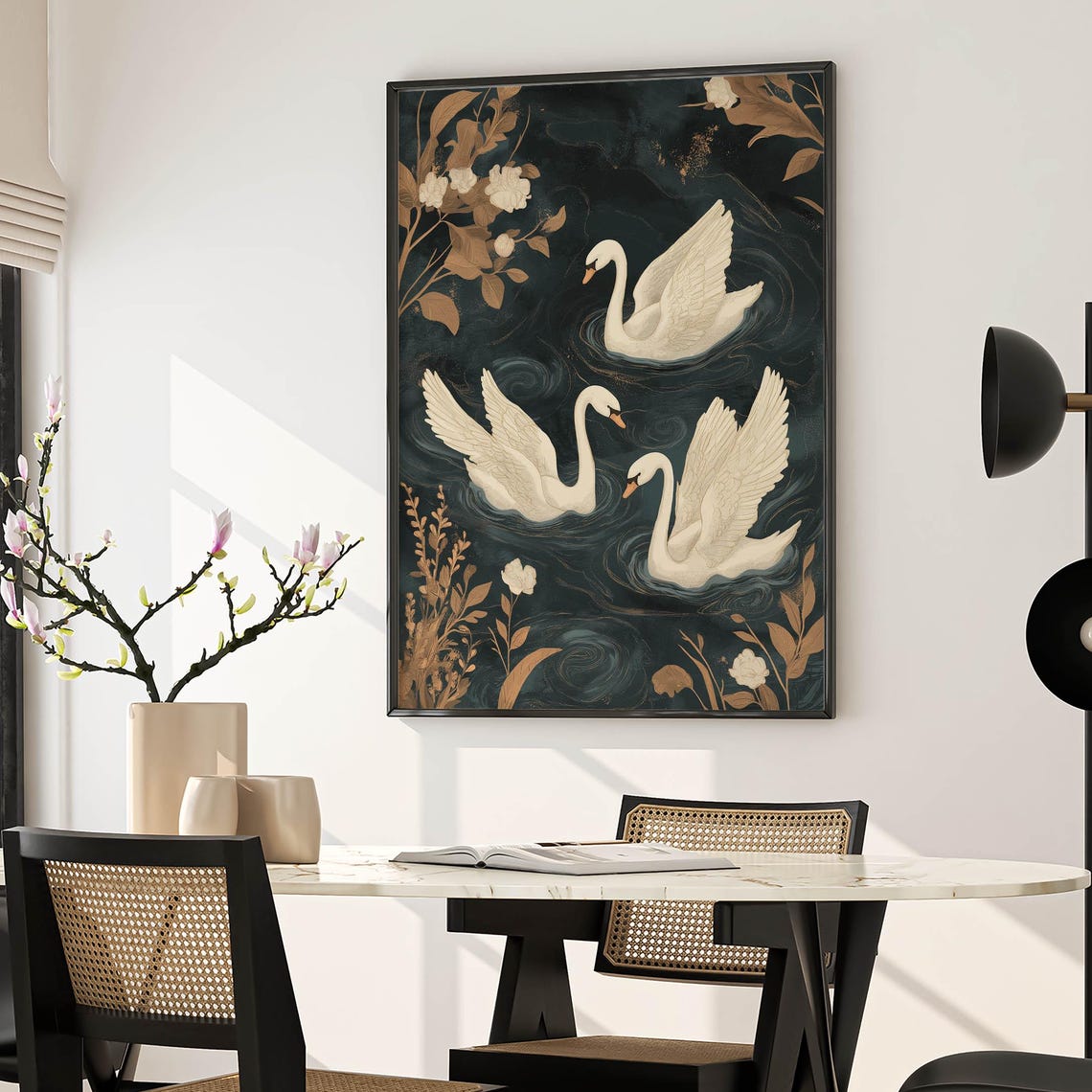 Three White Swans Dark Water Gold Botanical Night Lake Wall Art