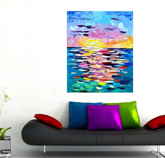 Impasto Ocean Sunset Painting Emerald Water Pink Sky Modern Wall Art Print