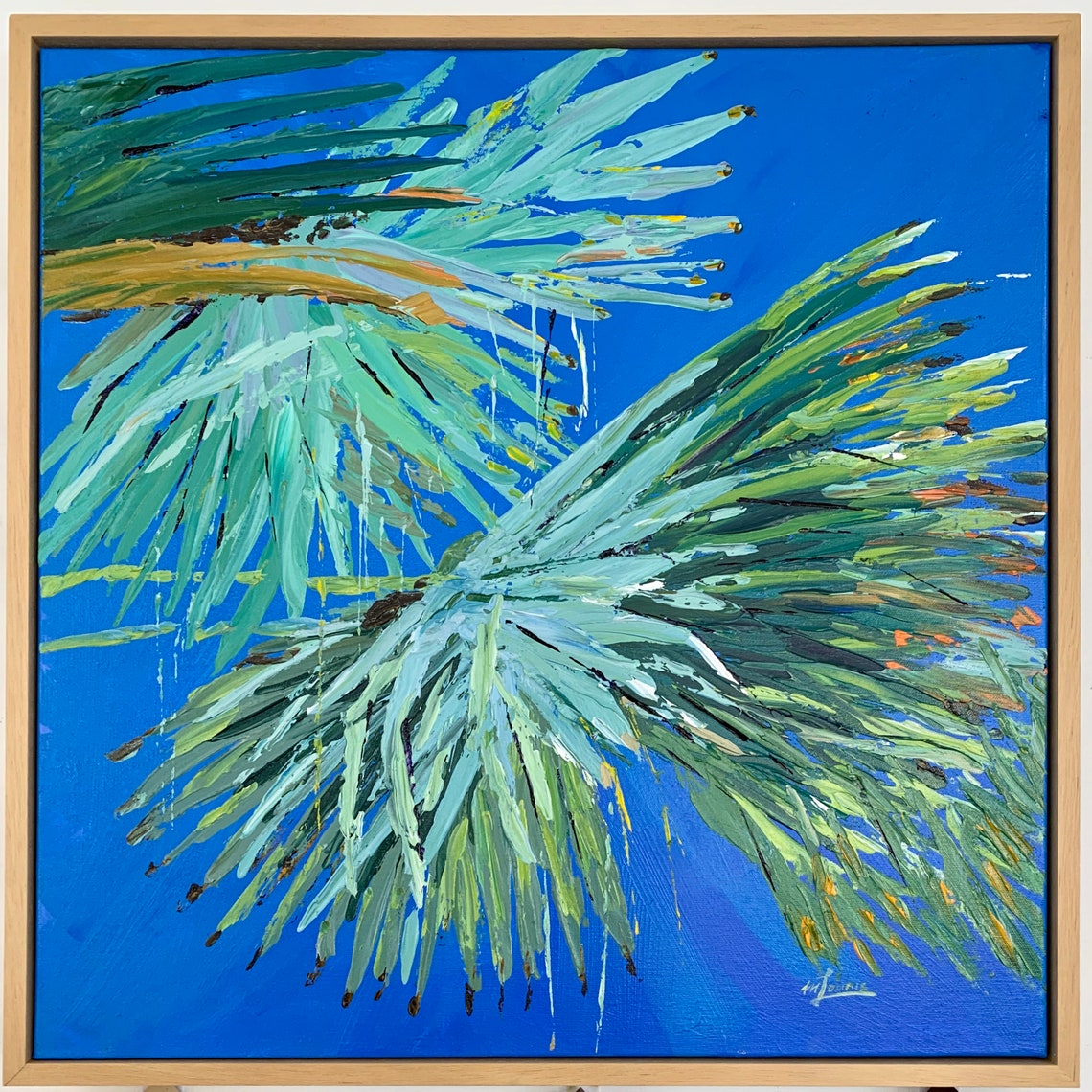 Palm Fronds Vivid Blue Sky Original Tropical Painting Wall Art