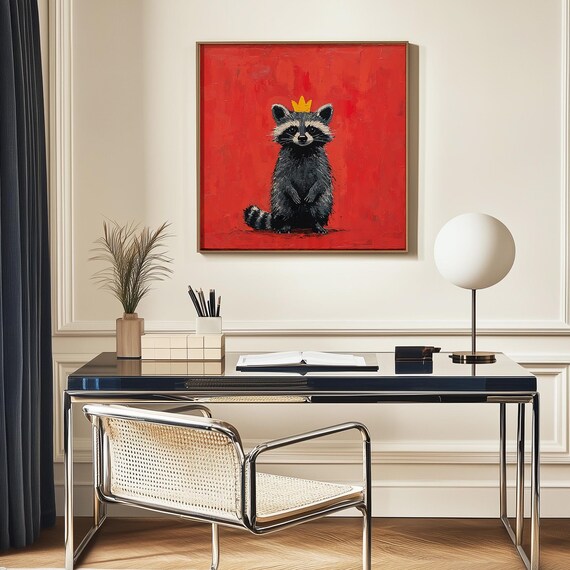 Raccoon Wearing Tiny Gold Crown on Bold Red Pop Art Background Poster