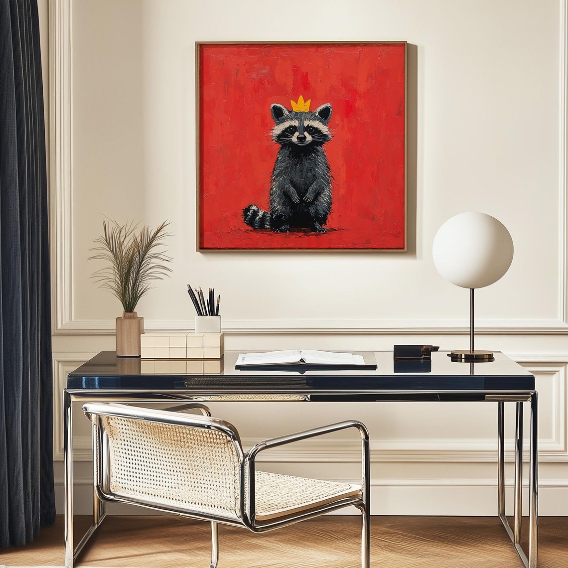Raccoon Wearing Tiny Gold Crown on Bold Red Pop Art Background Poster