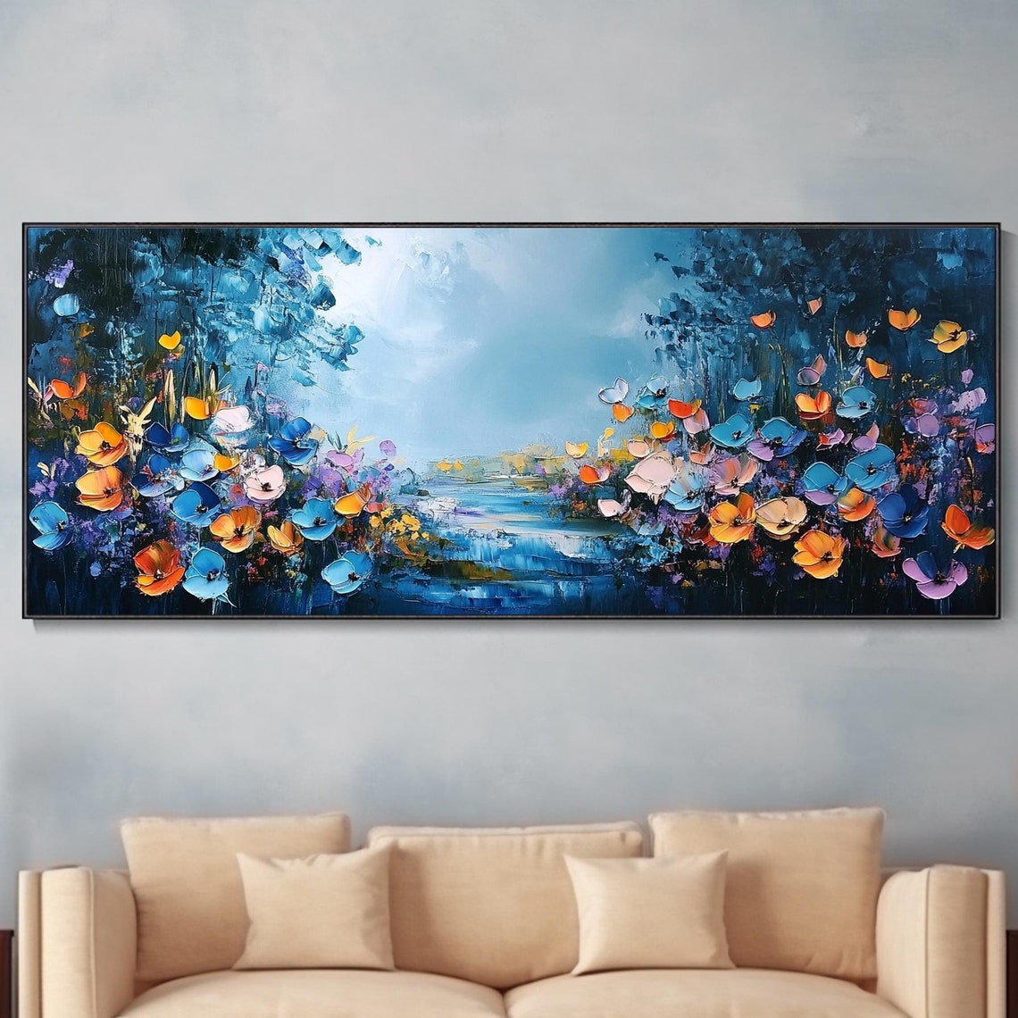 Blue Forest Wildflower Landscape 3D Textured Painting Poster