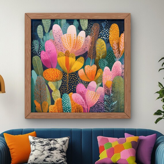 Colorful Desert Bloom Night Garden Cactus Flowers Abstract Poster