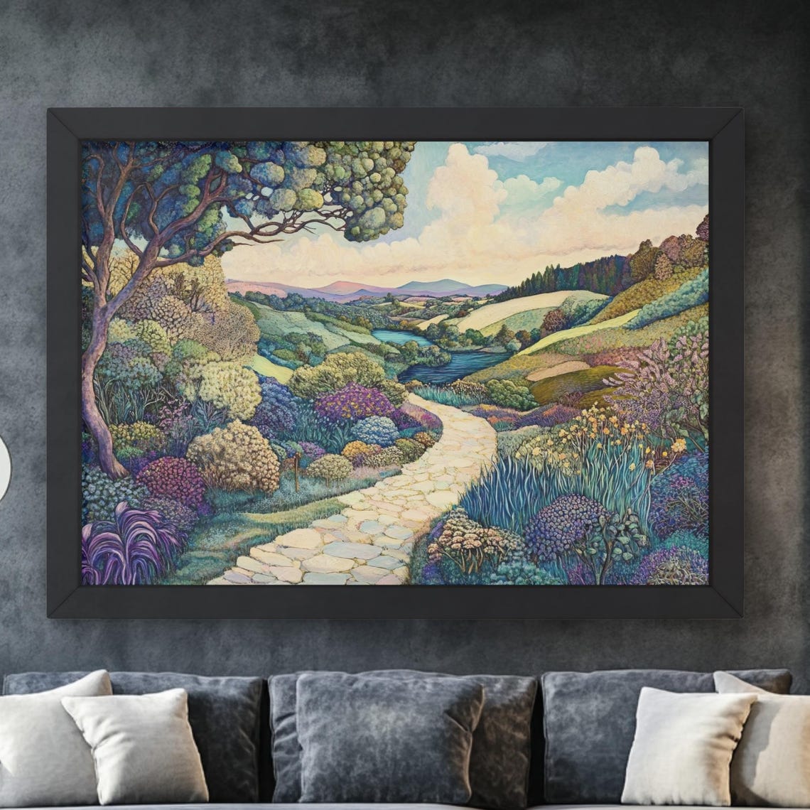 Winding Garden Path River Valley Whimsical Landscape Painting Poster