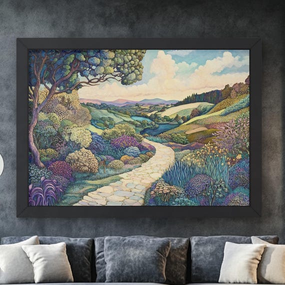 William Morris Inspired Countryside Artwork For Living Room Dcor Scenic Landscape Print With Lush Trees Lake Hills Tranquil