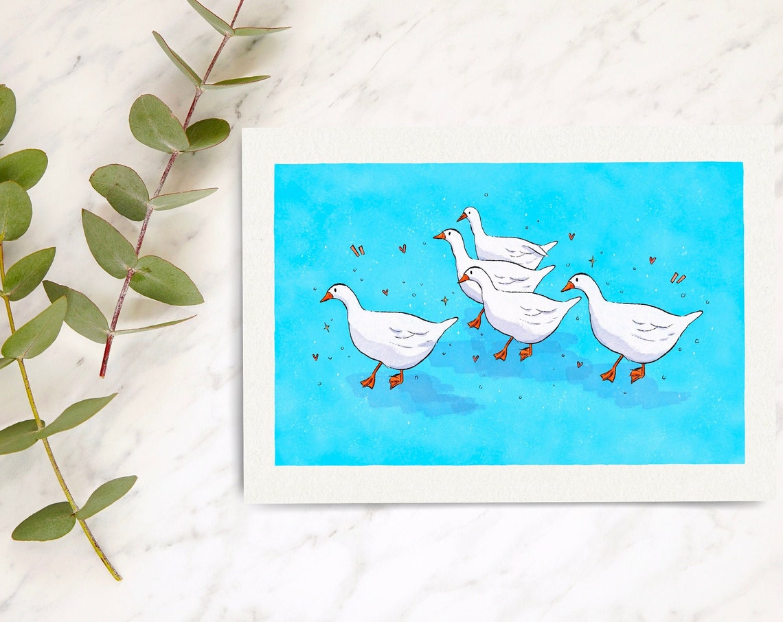 Five Happy White Geese Turquoise Watercolour Illustration Art Print - Image 3
