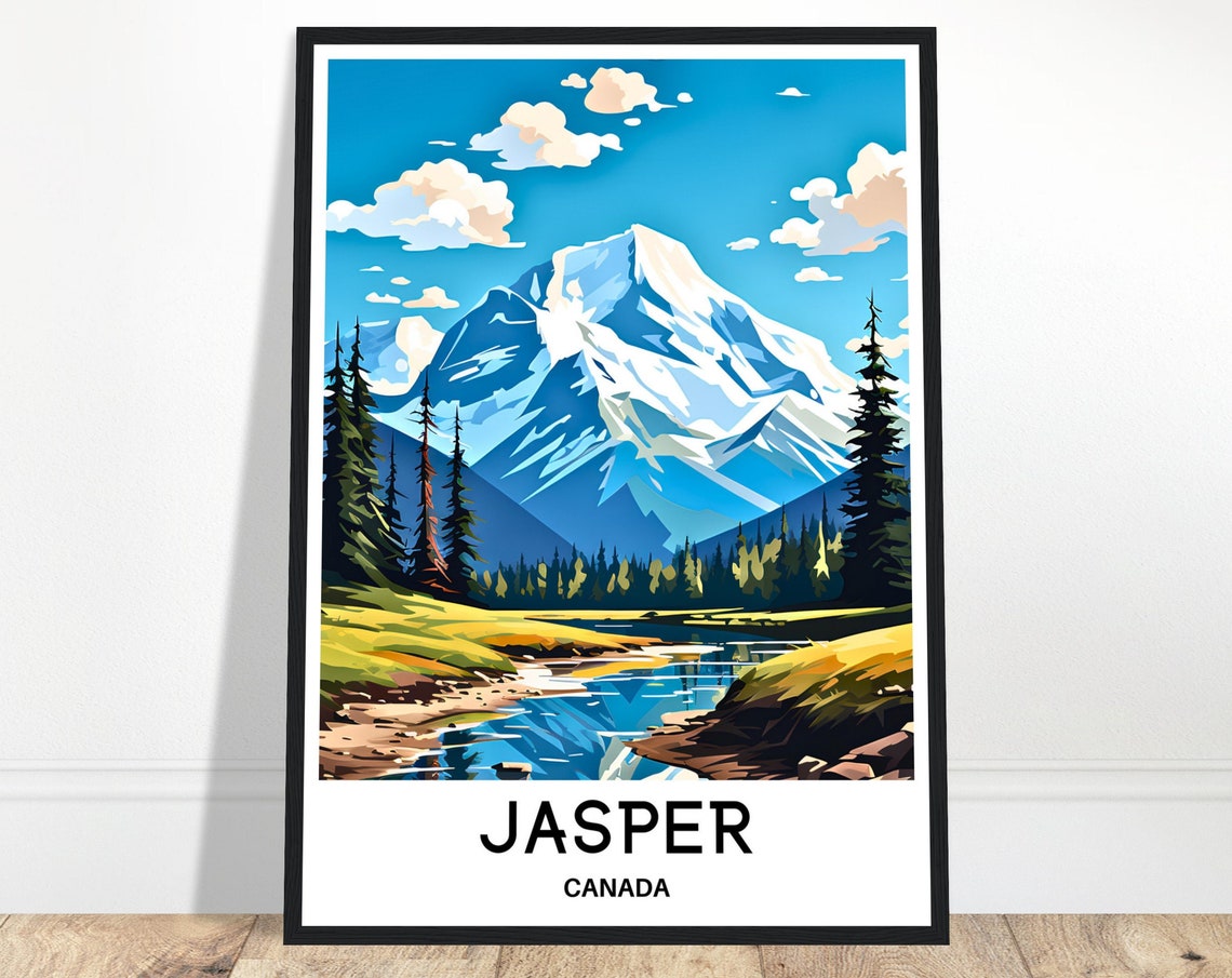 Jasper Canada Snow-Capped Mountain and Pine River Travel Poster