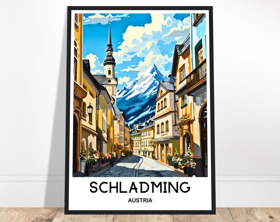 Schladming Alpine Old Town Snow Mountain Austria Travel Poster