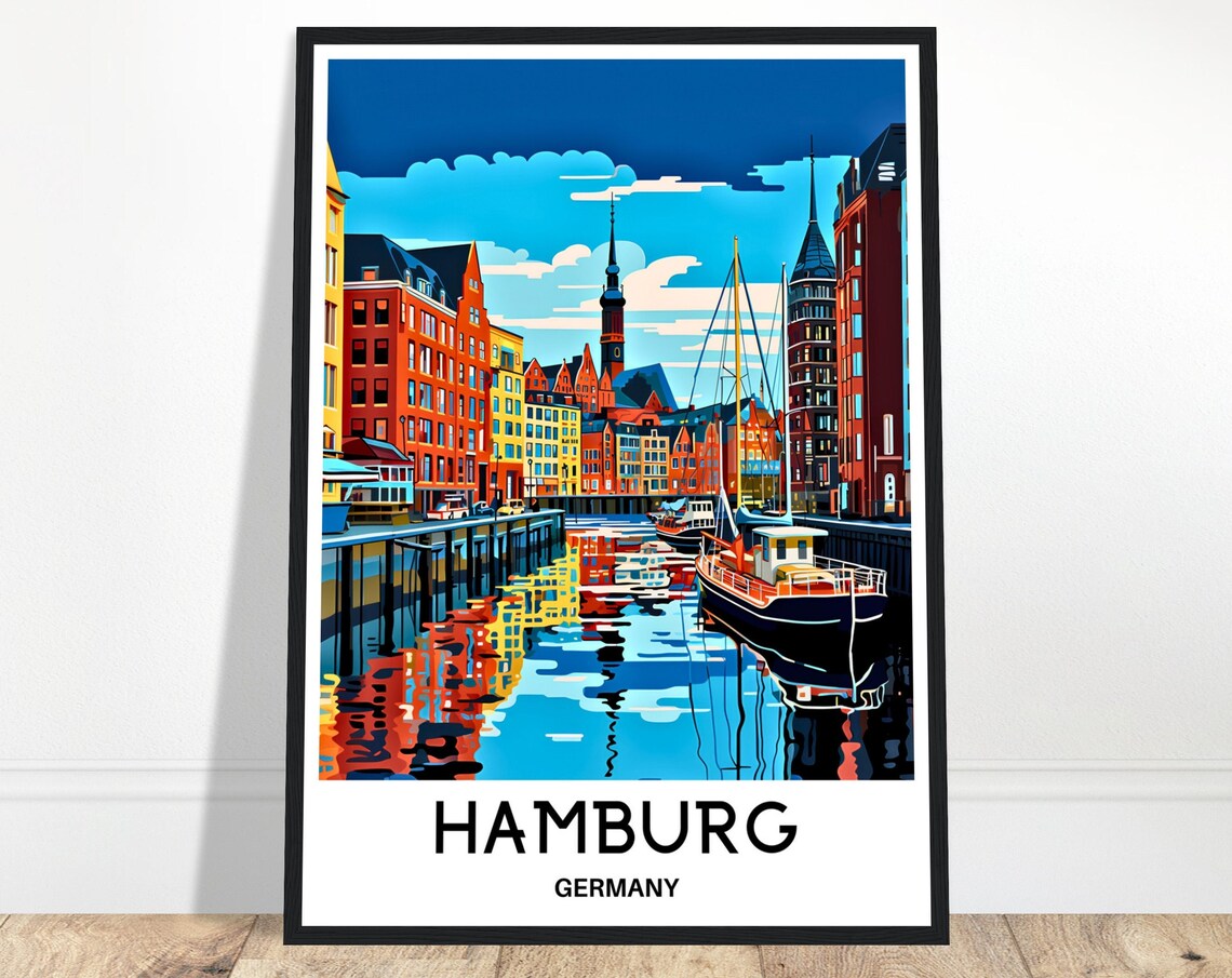 Hamburg Germany Colorful Harbor Canal with Boats Travel Poster