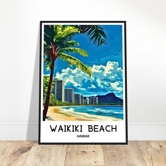 Waikiki Beach Travel Print Poster Art Hawaii Lover Gift Wall Hanging Illustration