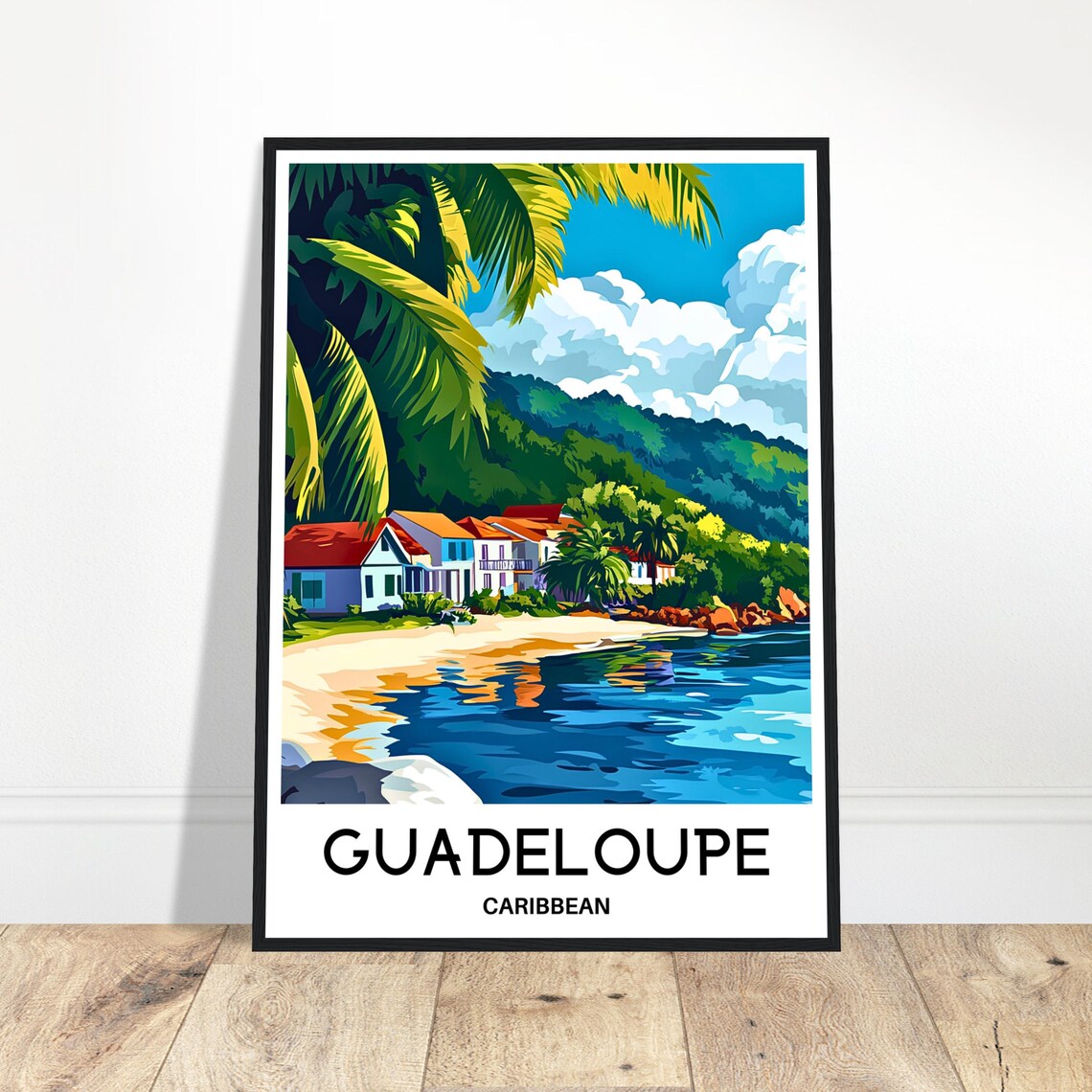 Guadeloupe Caribbean Travel Poster Tropical Beach Palm Coast