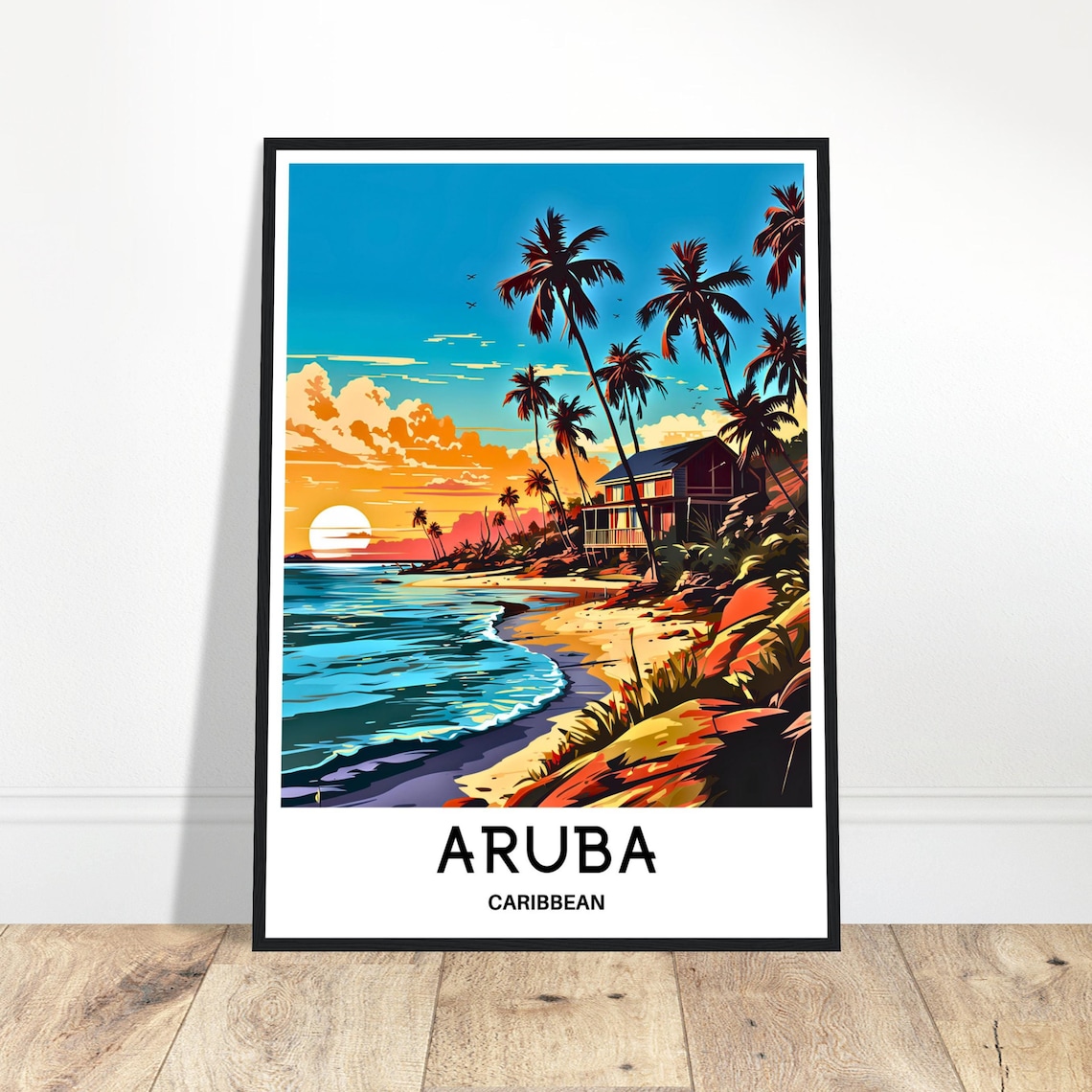 Aruba Caribbean Beach Sunset Over the Palm Shores Travel Poster