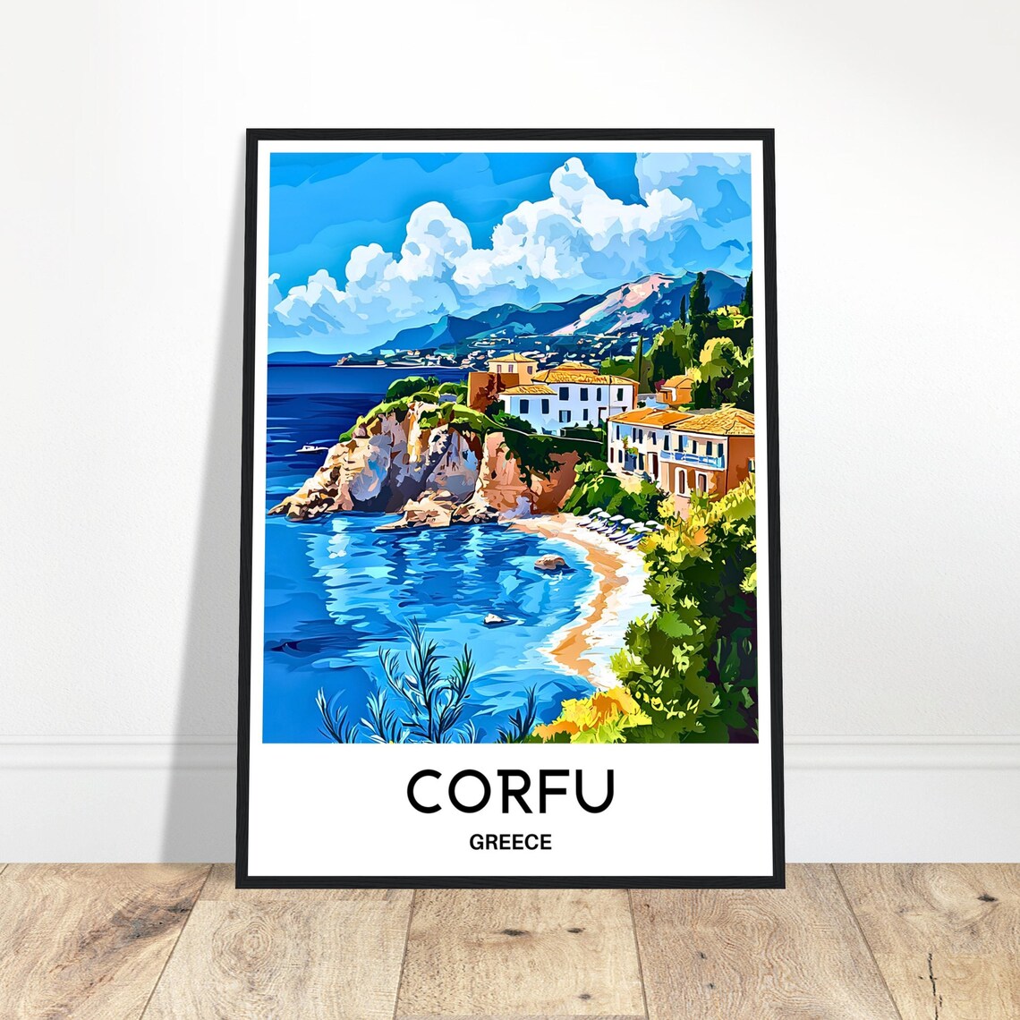 Corfu Greece Cliffside Village Beach Vintage Travel Island Art Poster