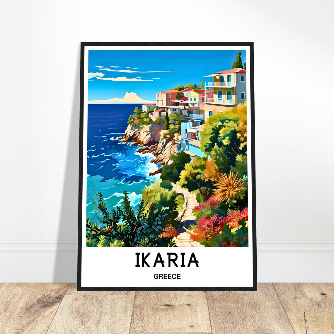 Ikaria Greece Seaside Village Coastal Cliffs Daytime Travel Poster