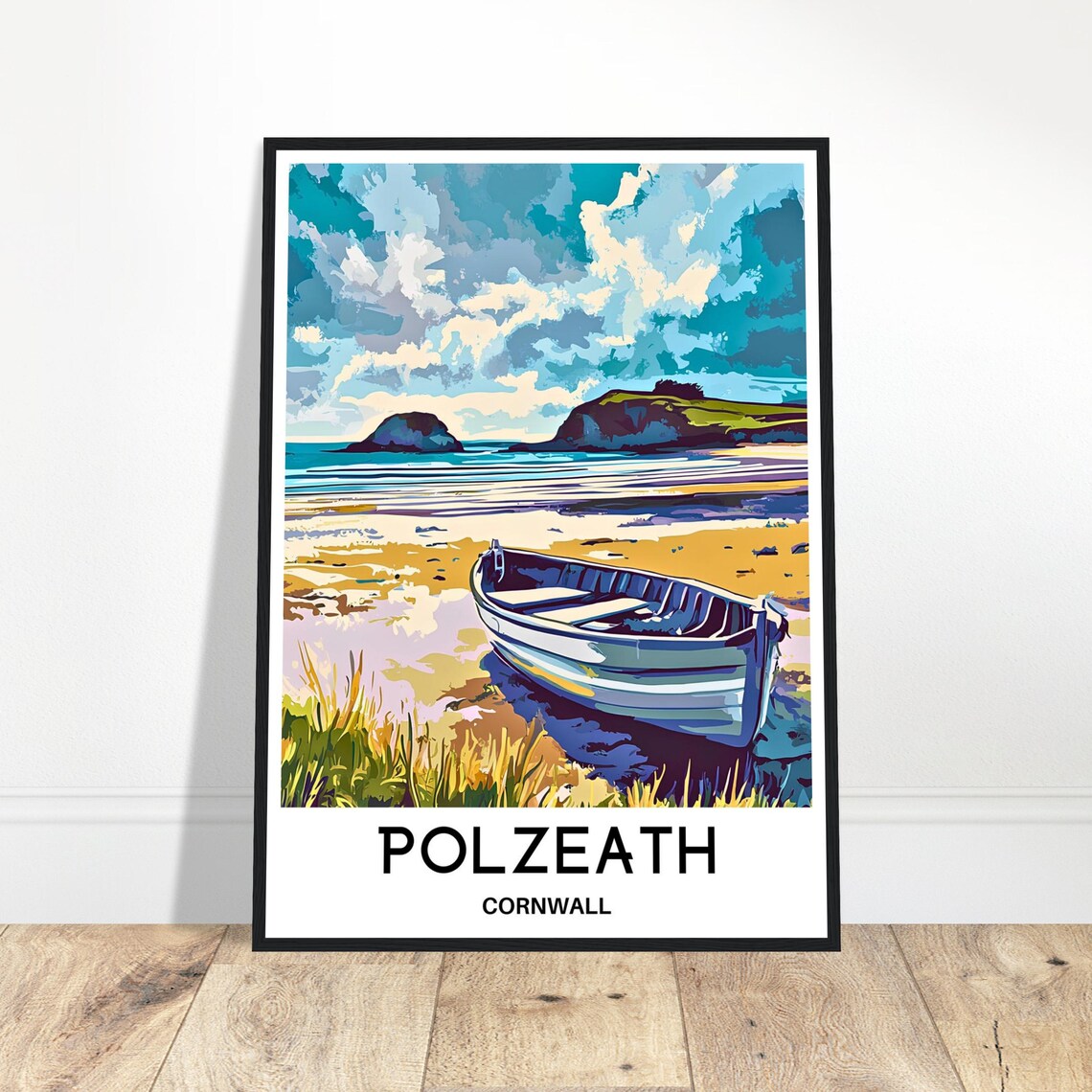 Polzeath Cornwall Beach and Boat Seaside Scene Travel Poster