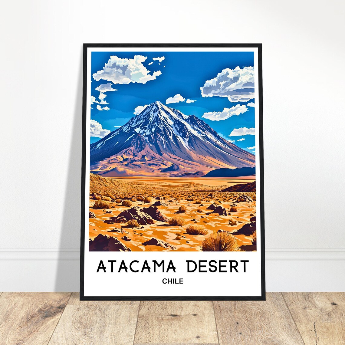 Atacama Desert Chile Snow Capped Volcano Golden Desert Travel Poster