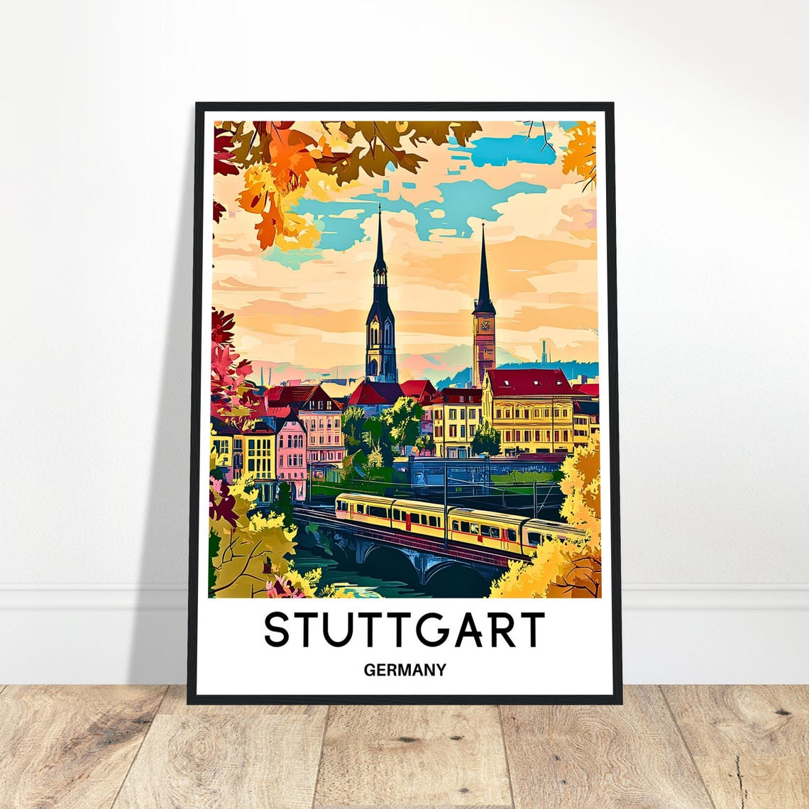Stuttgart Germany Travel Old Town Churches Train Bridge Wall Poster