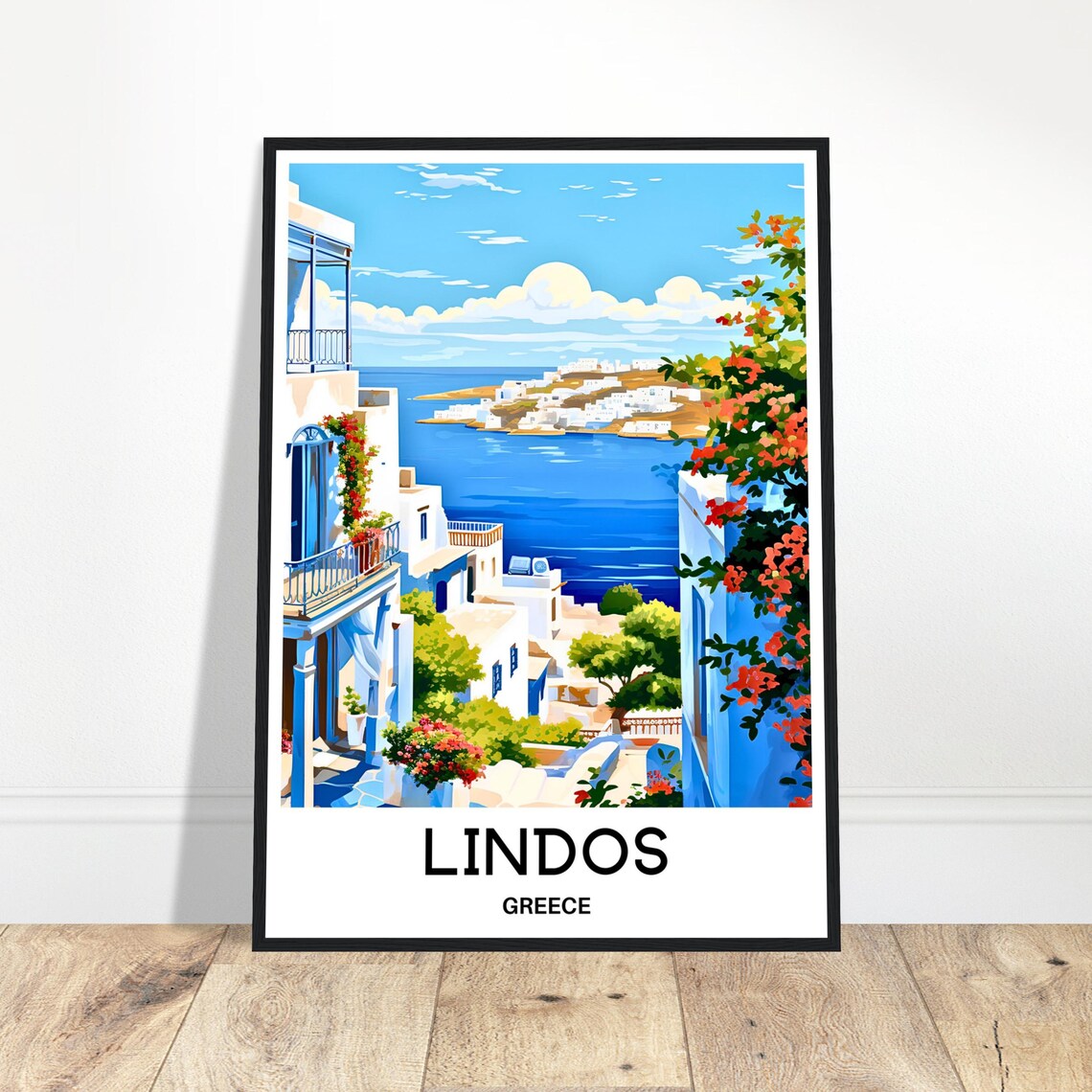 Lindos Greece Whitewashed Village Bougainvillea Seaside Vista Poster