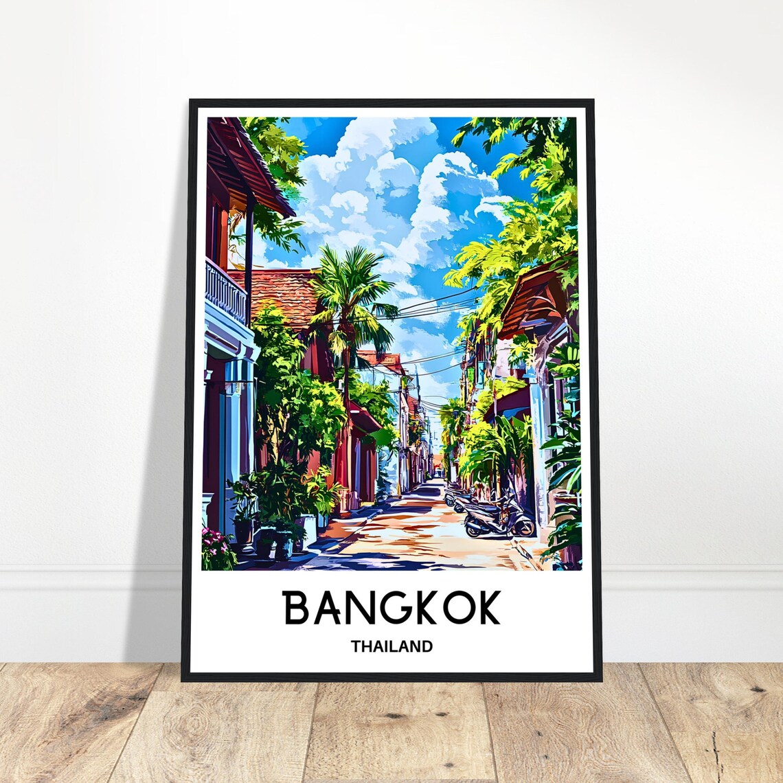 Bangkok Thailand Old Street Poster with Shophouses and Palm Trees