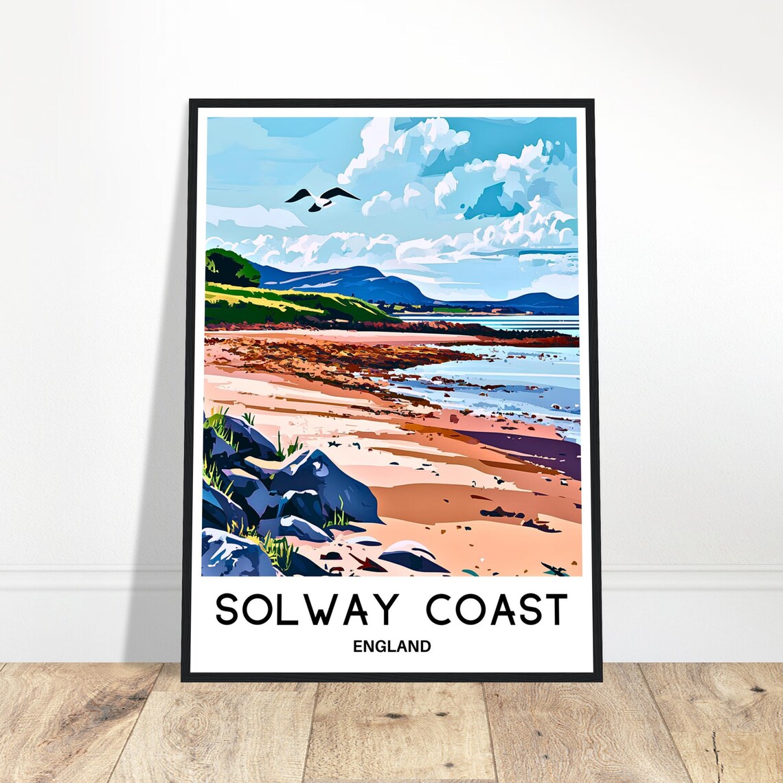 Solway Coast England Travel Poster Rocky Beach And Soaring Seagull