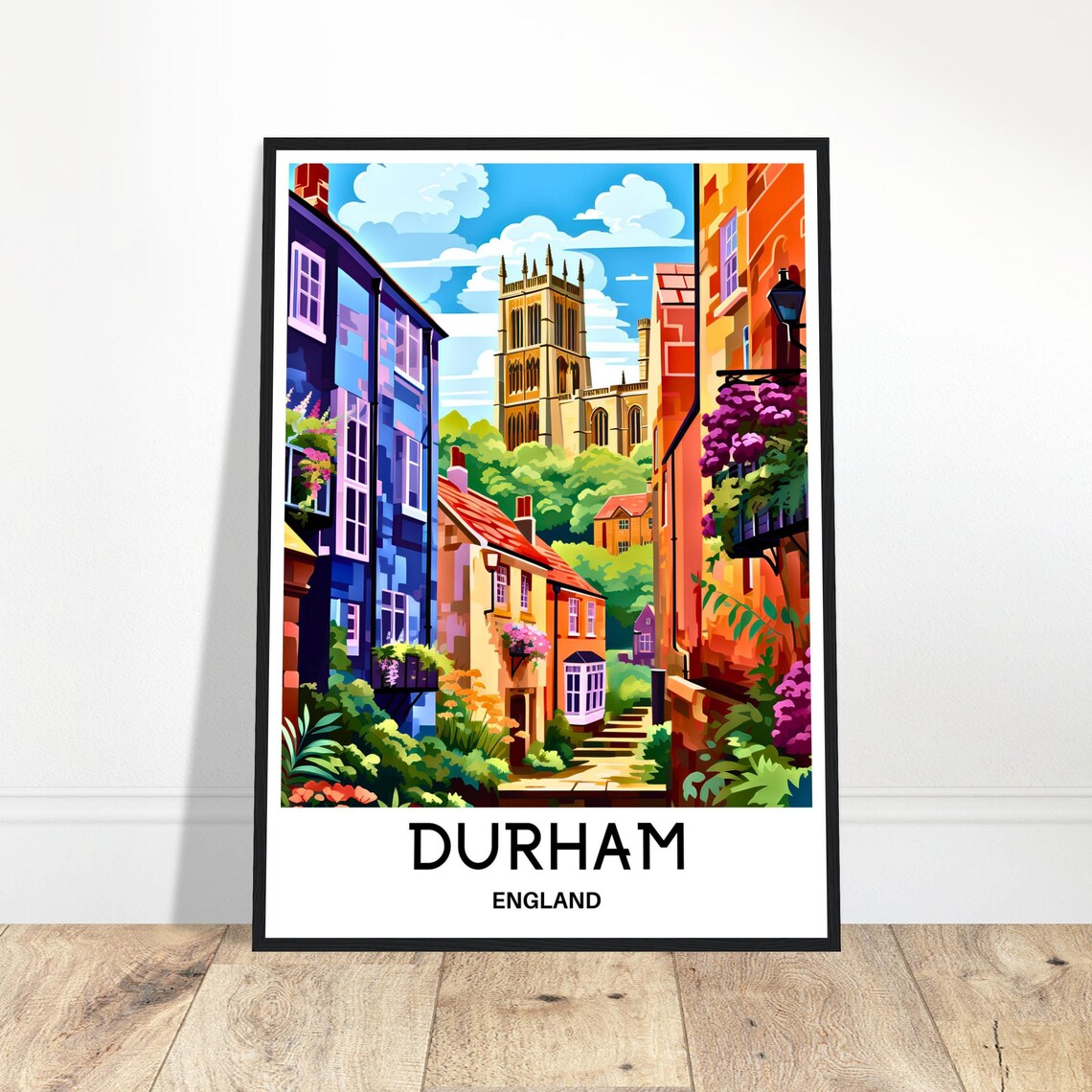 Durham England Colorful Historic Cathedral Street Illustration Poster