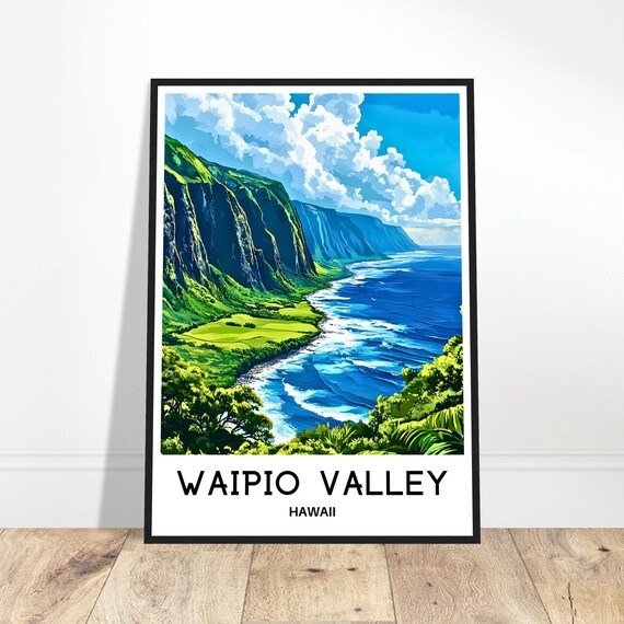 Waipio Valley Travel Print Poster Art Hawaii Lover Gift Wall Hanging Illustration