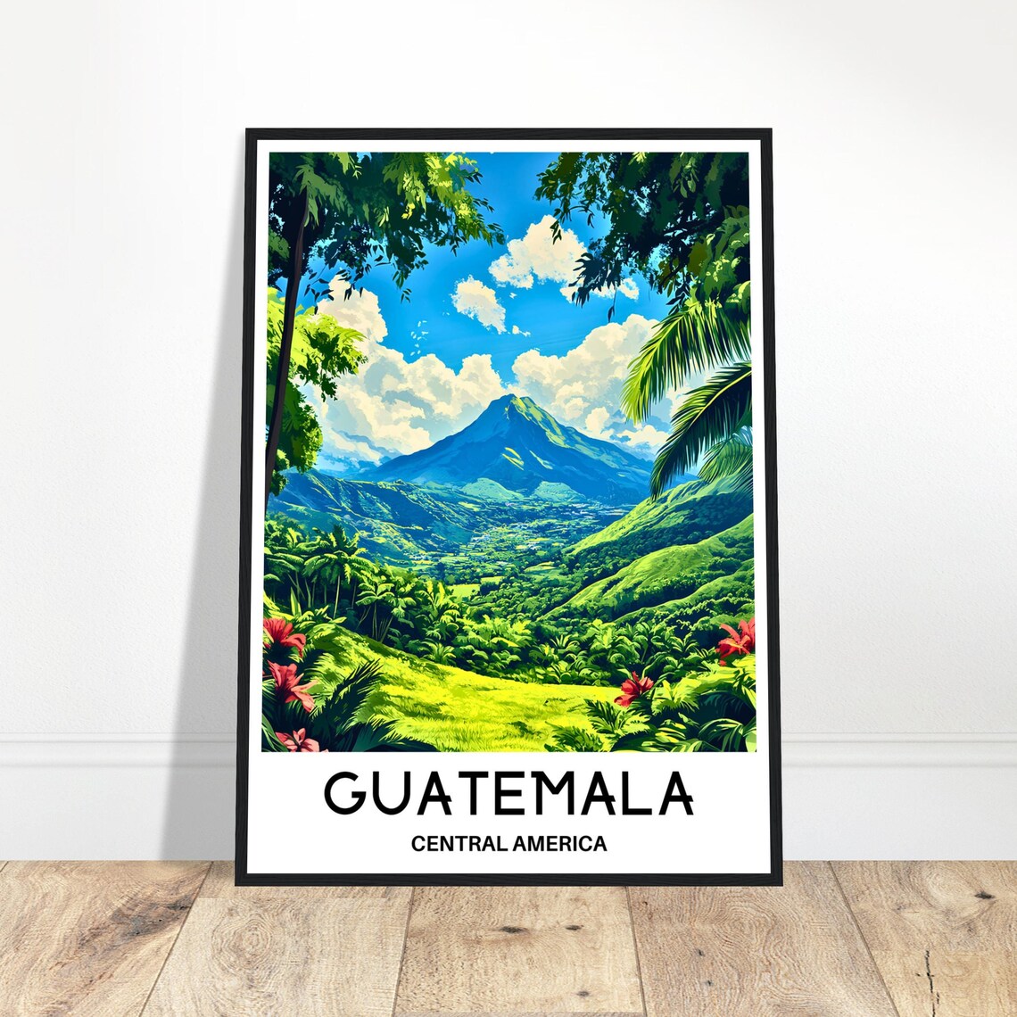 Guatemala Central America Lush Green Valley With Volcano Poster