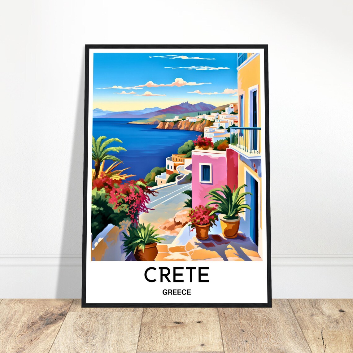 Crete Greece Coastal Town Daytime Retro Travel Illustration Poster