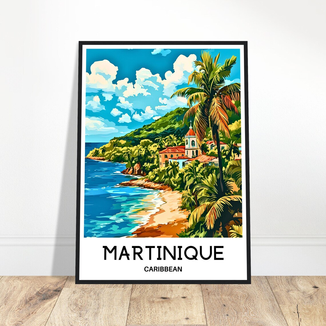 Martinique Caribbean Tropical Beach Palm Trees Seaside Church Travel Poster