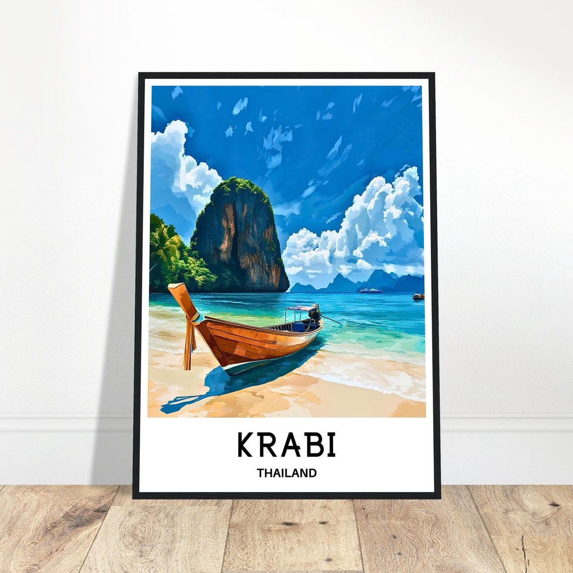 Krabi Thailand Beach Poster with Longtail Boat and Limestone Cliffs