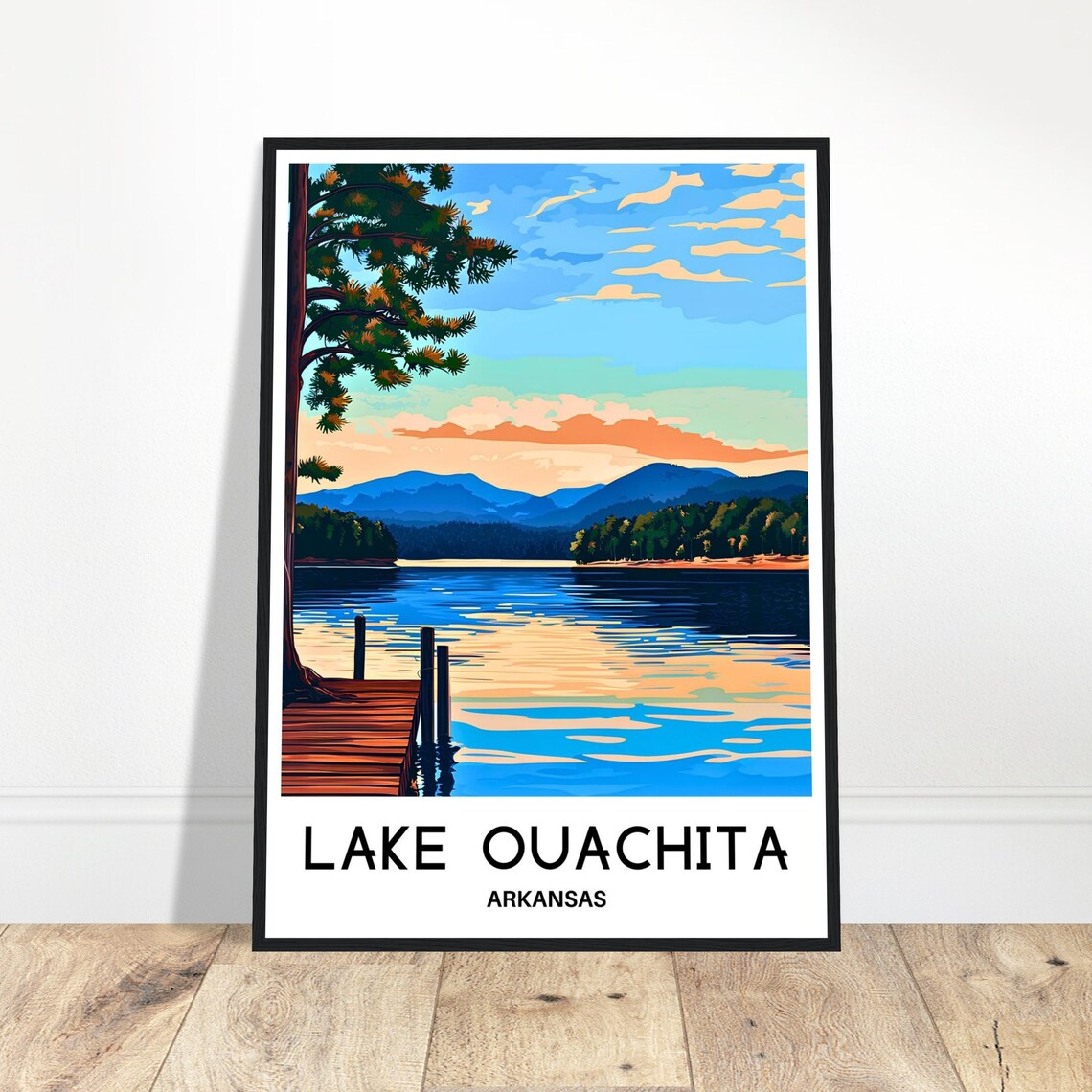 Lake Ouachita Arkansas Sunset Dock Pine Tree Vintage Travel Poster