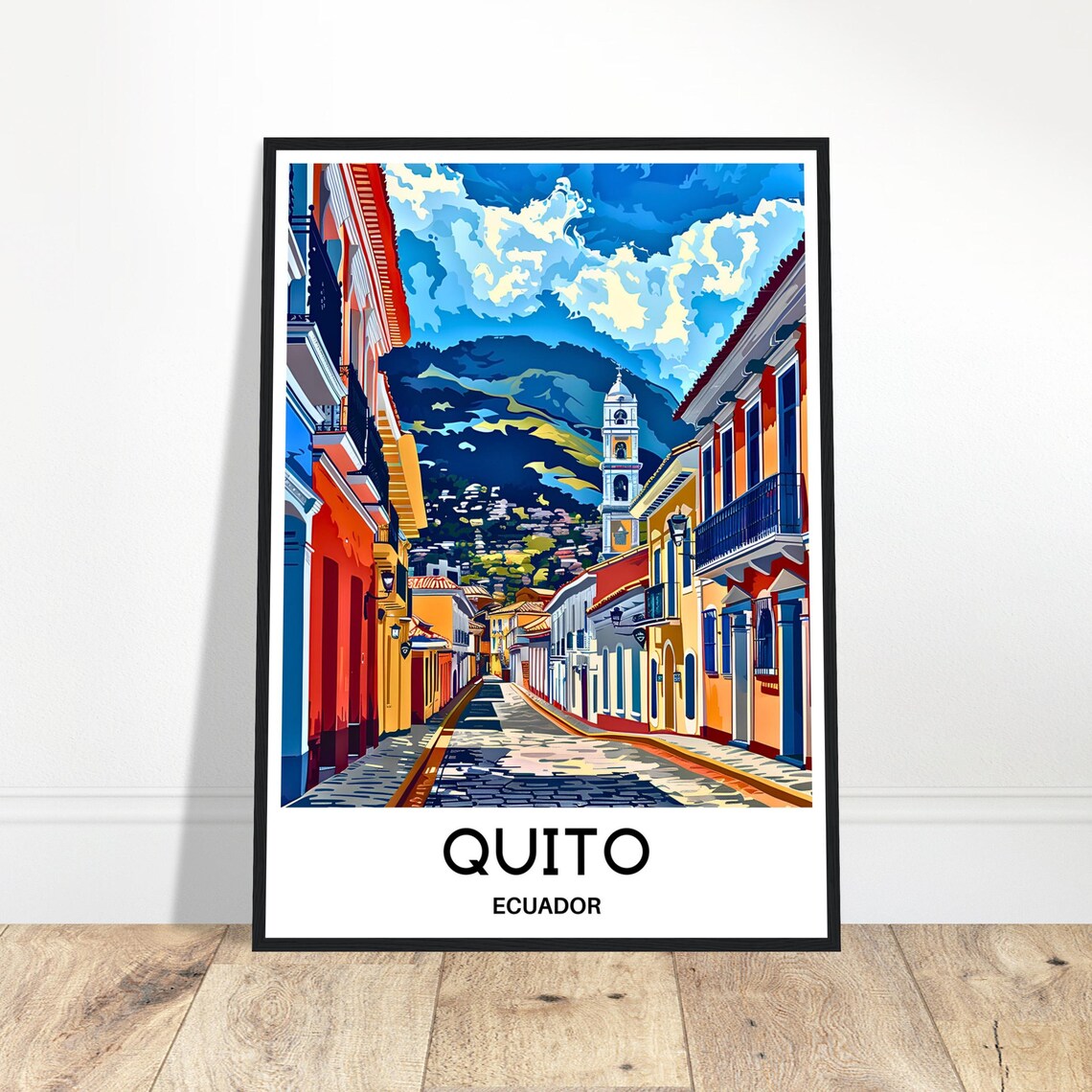Quito Ecuador Colorful Colonial Old Town Street Illustration Poster