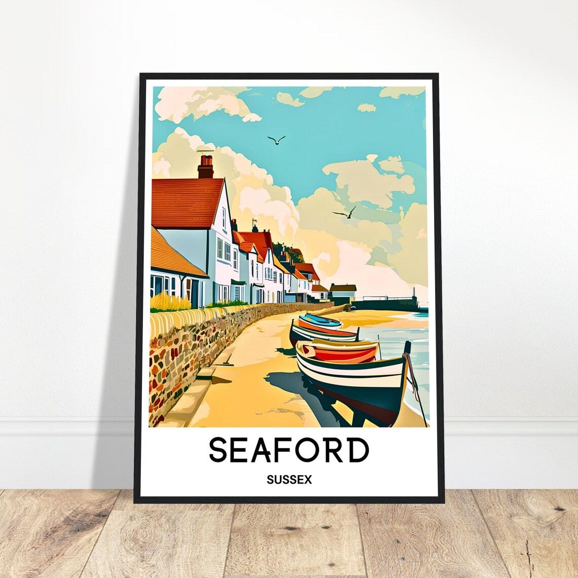 Seaford Sussex England Travel Poster Beachfront Cottages And Boats