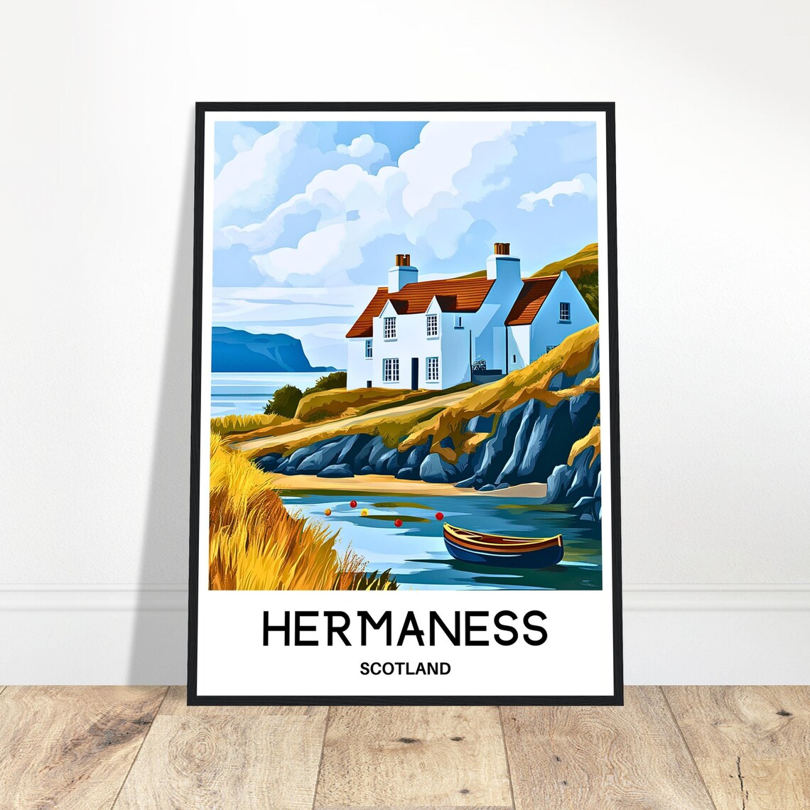 Hermaness Scotland Clifftop Cottage Rowing Boat Travel Poster