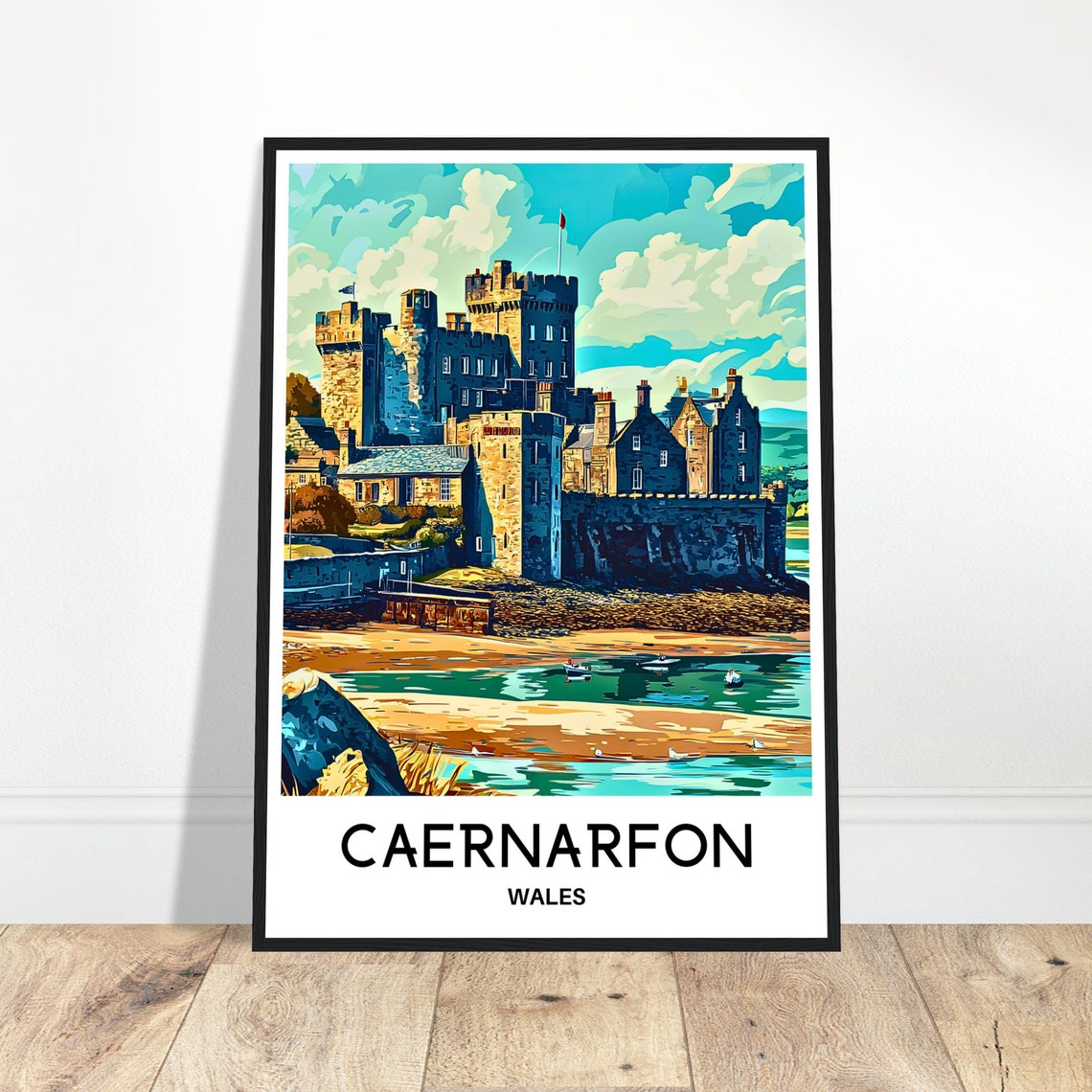 Caernarfon Wales Castle Poster with Tidal Beach and Stone Walls