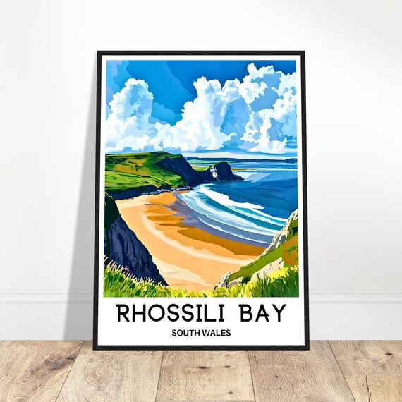 Rhossili Bay Travel Print Poster Welsh Art South Wales Lover Gift Wall Hanging Illustration Home Office Room Decor