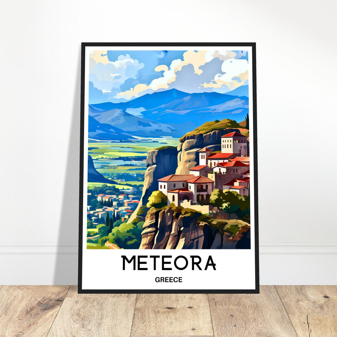 Meteora Greece Cliff Top Monastery Valley Dramatic Illustration Poster