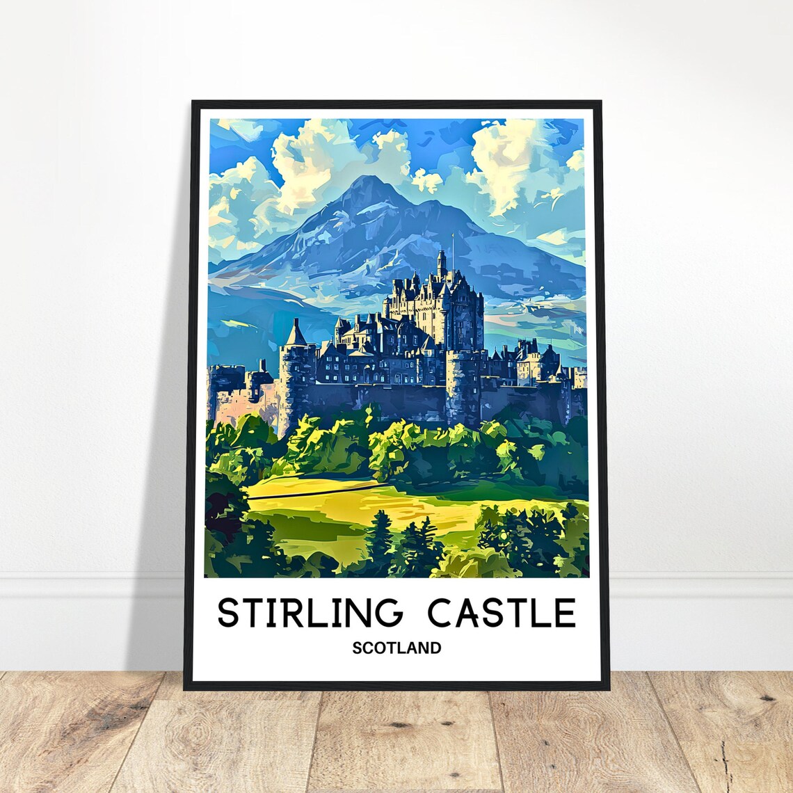 Stirling Castle Scotland Poster with Mountain Backdrop and Lawns