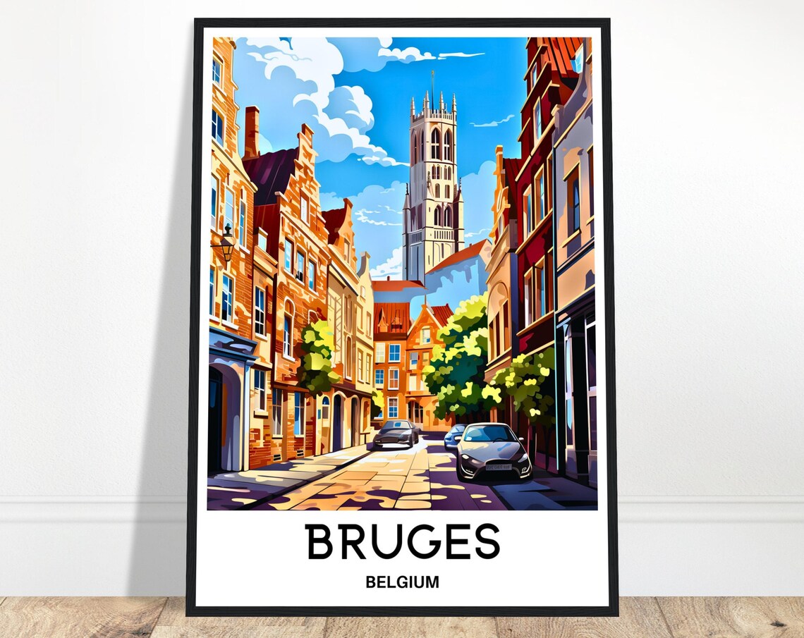 Bruges Belgium Belfry Tower Medieval Street Scene Travel Poster