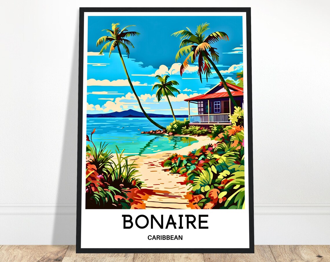Bonaire Caribbean Beach Path Palms Tropical Island Travel Poster