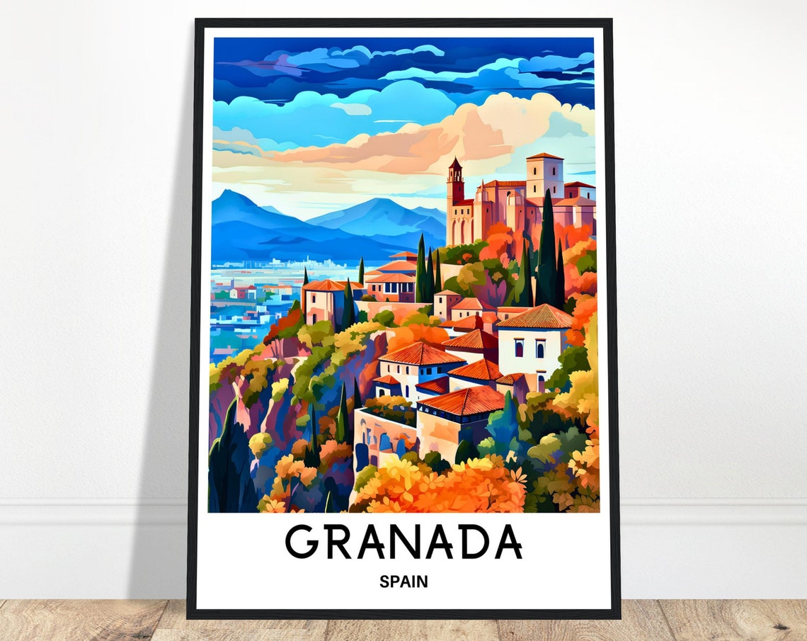 Granada Spain Old Town Hillside Illustration Colorful Travel Poster