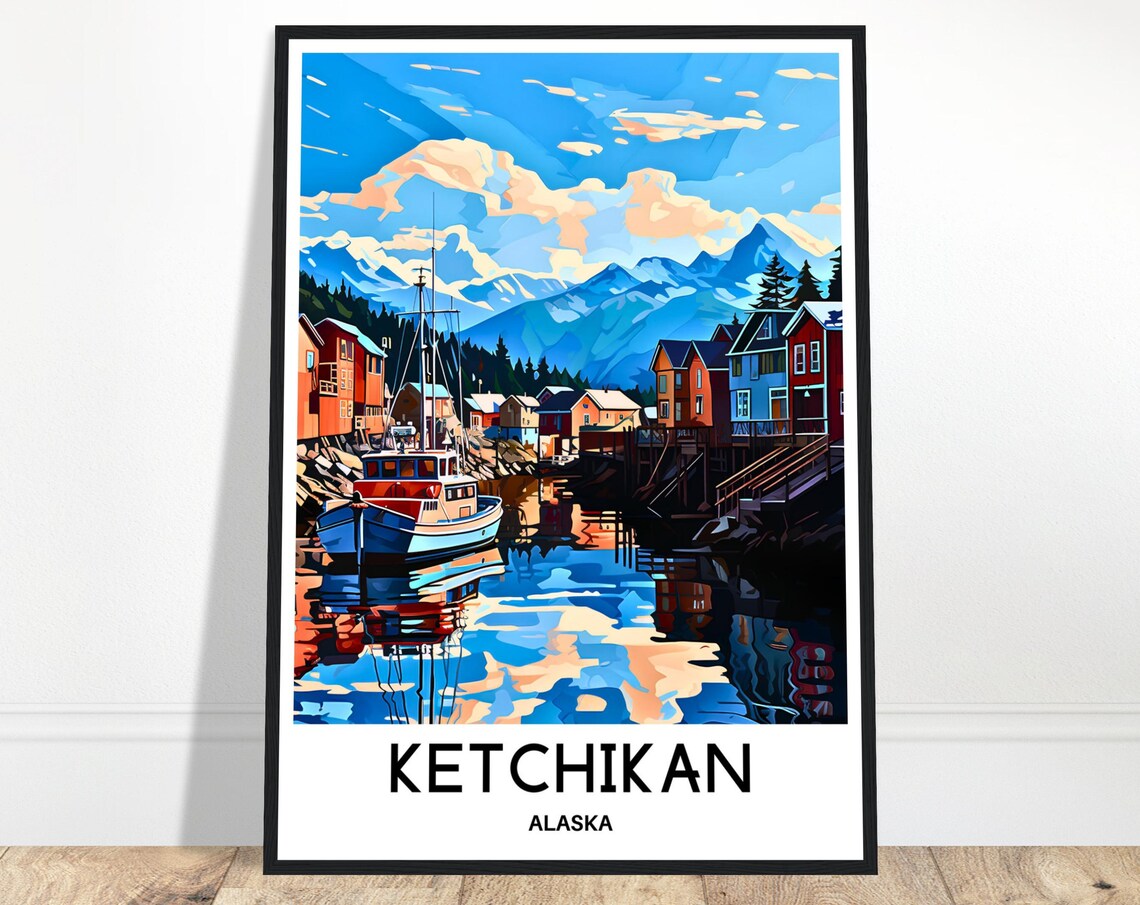 Ketchikan Alaska Harbor Mountain Travel Illustration Art Poster