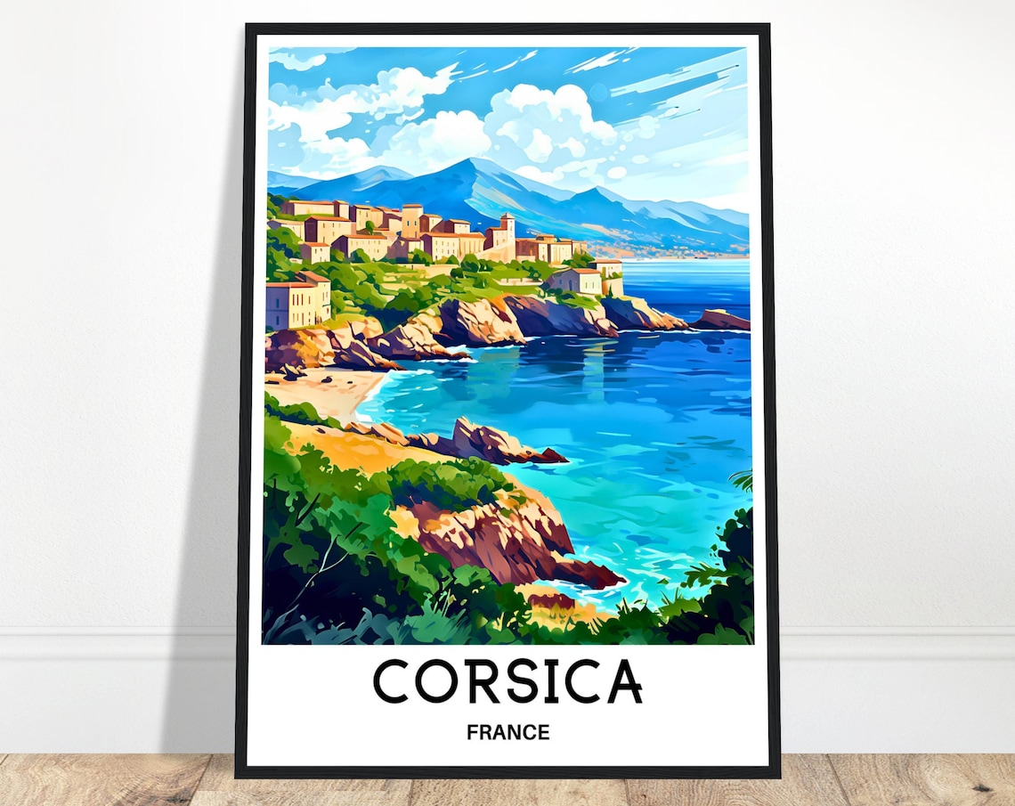 Corsica France Coastal Cliffs Village Mediterranean Travel Art Poster