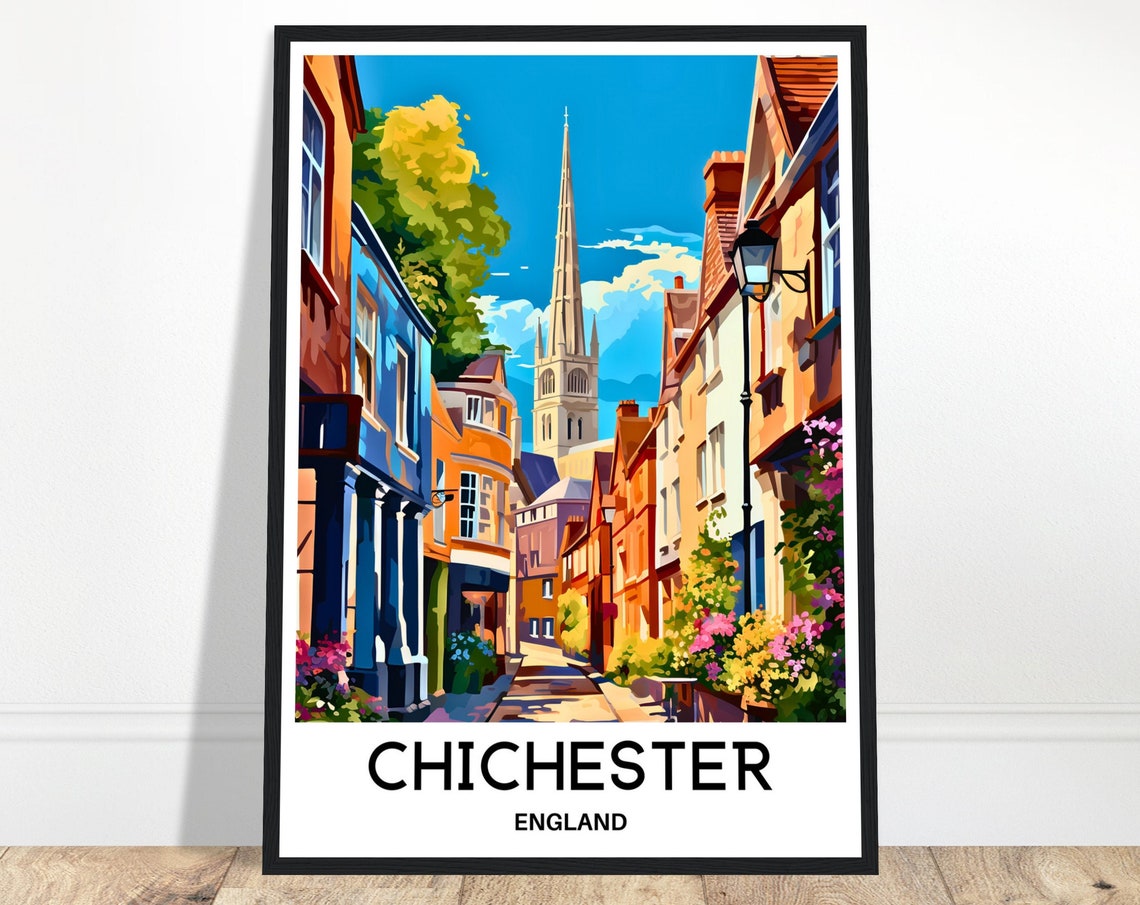 Chichester England Cathedral Spire Historic Old Town Travel Poster