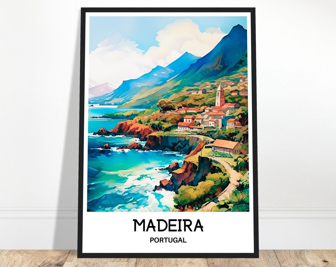Beautiful Madeira Portugal Dramatic Cliff Coast Village Travel Poster