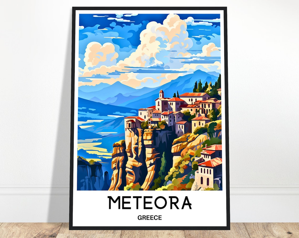 Meteora Greece Monastery Travel Poster Rock Formation Cliffside View