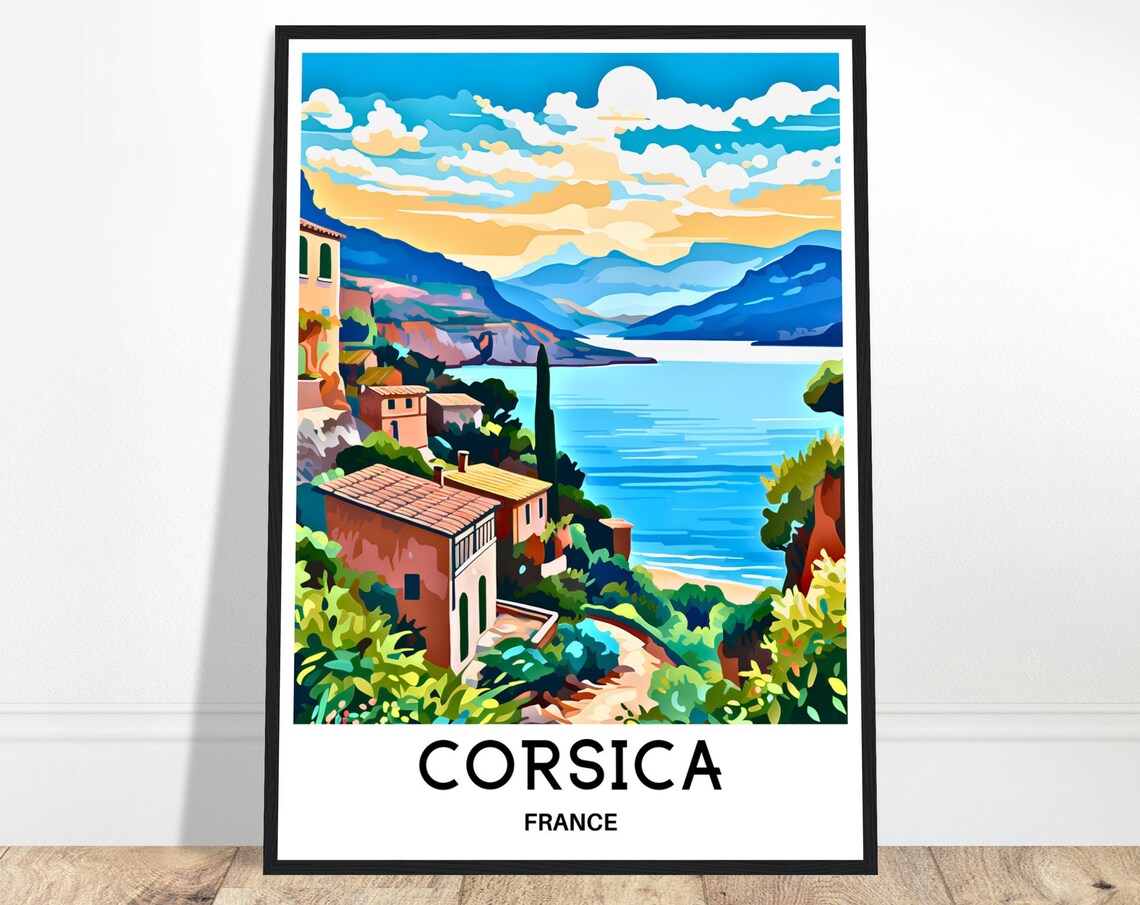 Corsica Coastal Village Hillside Mountains France Travel Poster
